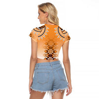 New Zealand Raglan Cropped T Shirt Poutama Mix Orange Taniko Inspired Art LT05