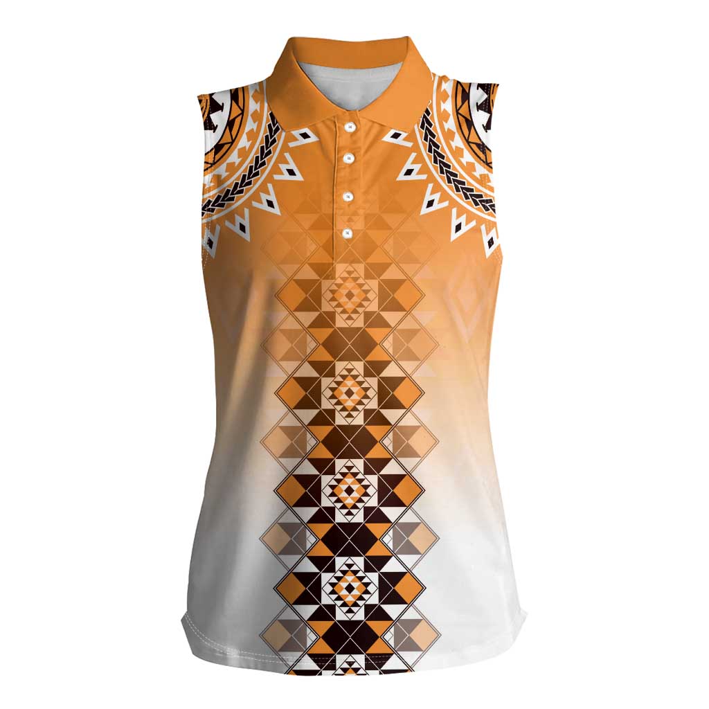 New Zealand Women Sleeveless Polo Shirt Poutama Mix Orange Taniko Inspired Art LT05