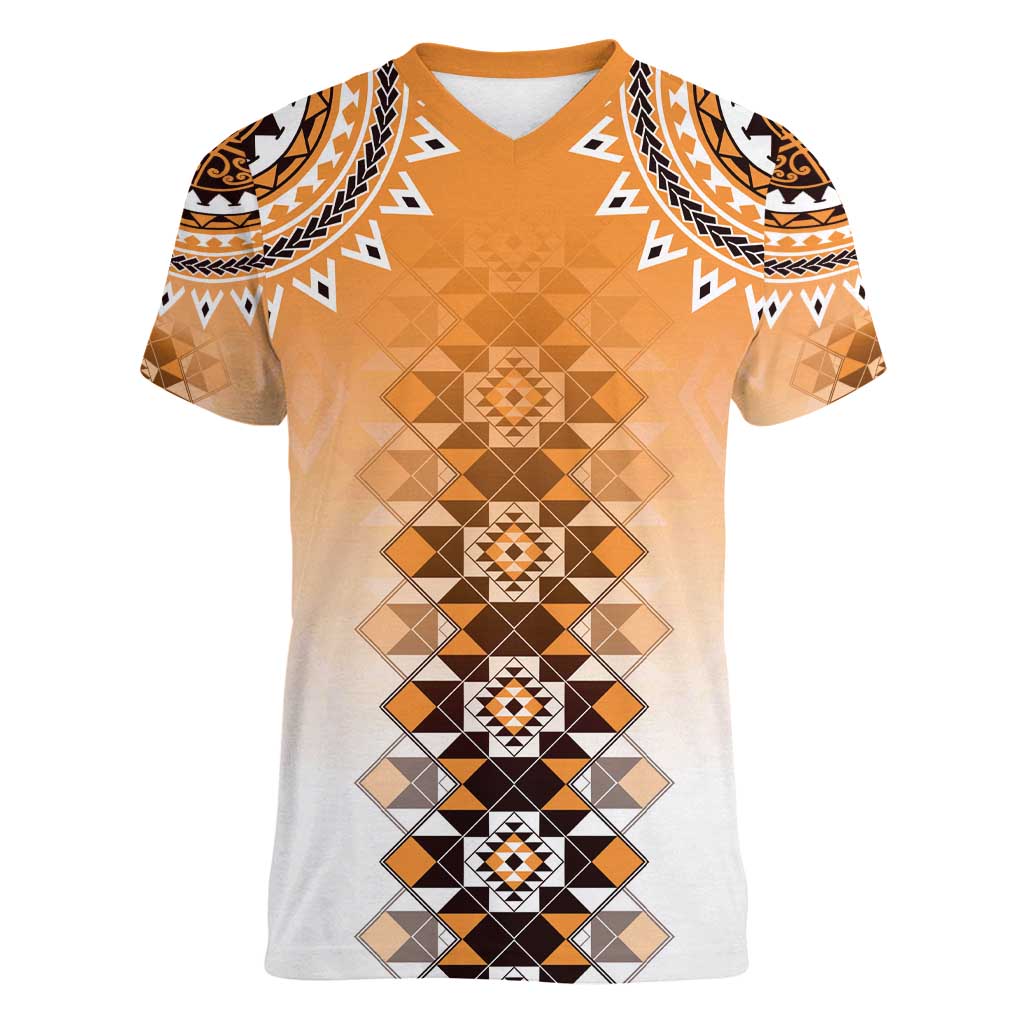 New Zealand Women V-Neck T-Shirt Poutama Mix Orange Taniko Inspired Art LT05