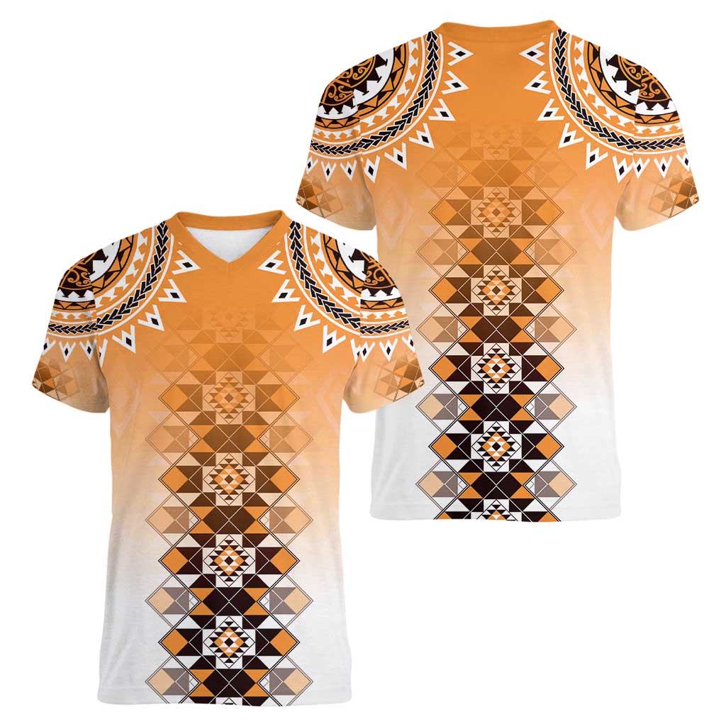 New Zealand Women V-Neck T-Shirt Poutama Mix Orange Taniko Inspired Art LT05 - Polynesian Pride