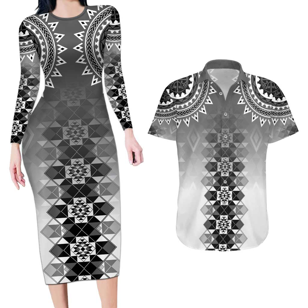 New Zealand Couples Matching Long Sleeve Bodycon Dress and Hawaiian Shirt Poutama Mix Gray Taniko Inspired Art LT05 Gray - Polynesian Pride