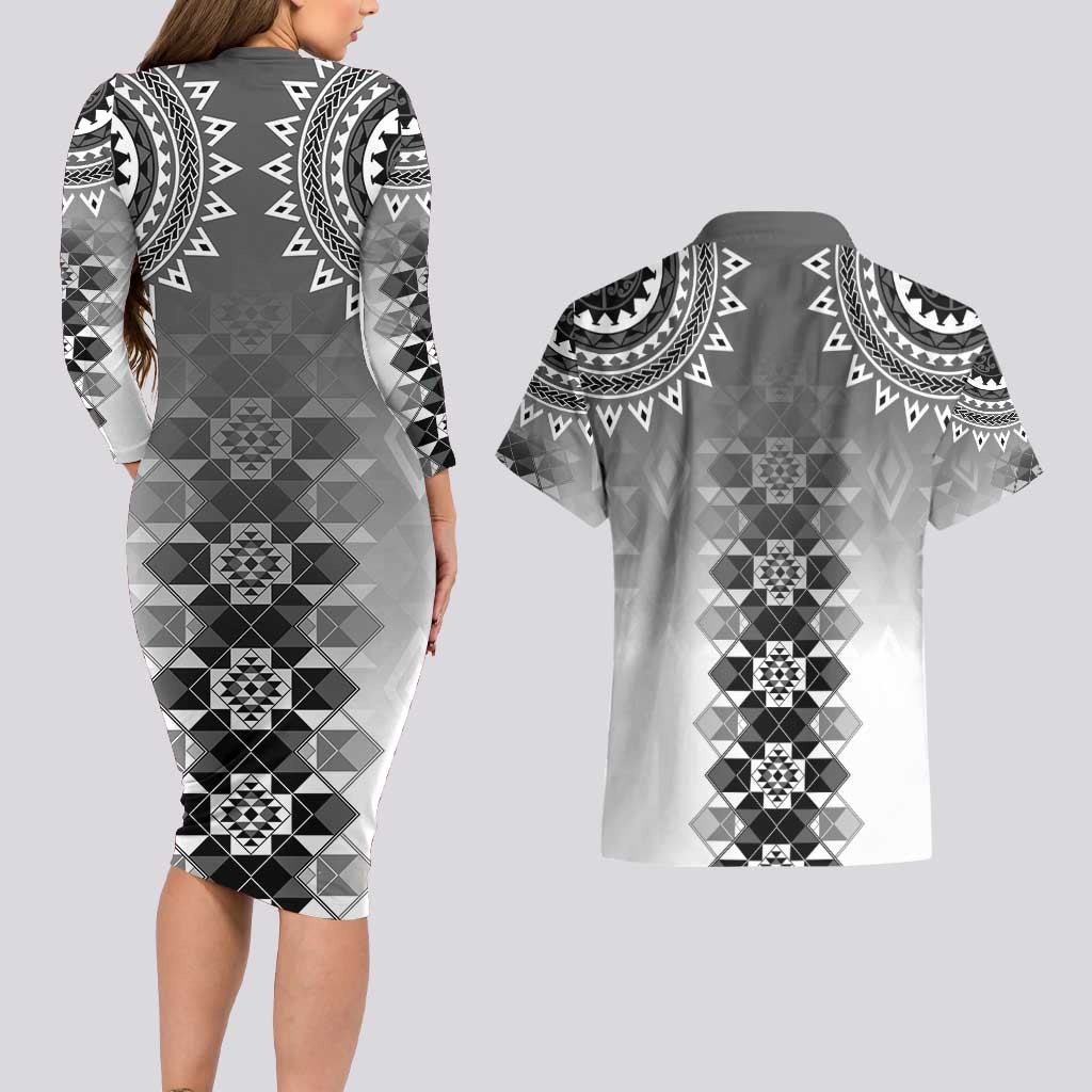 New Zealand Couples Matching Long Sleeve Bodycon Dress and Hawaiian Shirt Poutama Mix Gray Taniko Inspired Art LT05 - Polynesian Pride