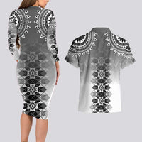 New Zealand Couples Matching Long Sleeve Bodycon Dress and Hawaiian Shirt Poutama Mix Gray Taniko Inspired Art LT05 - Polynesian Pride