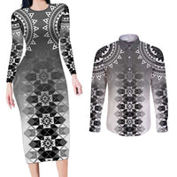 New Zealand Couples Matching Long Sleeve Bodycon Dress and Long Sleeve Button Shirt Poutama Mix Gray Taniko Inspired Art LT05 Gray - Polynesian Pride