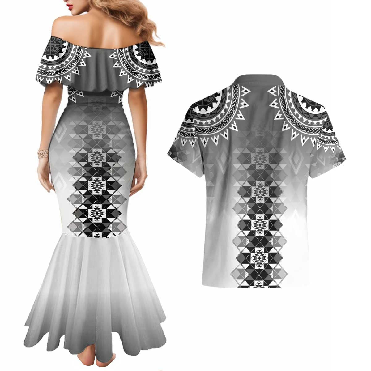 New Zealand Couples Matching Mermaid Dress and Hawaiian Shirt Poutama Mix Gray Taniko Inspired Art LT05 - Polynesian Pride