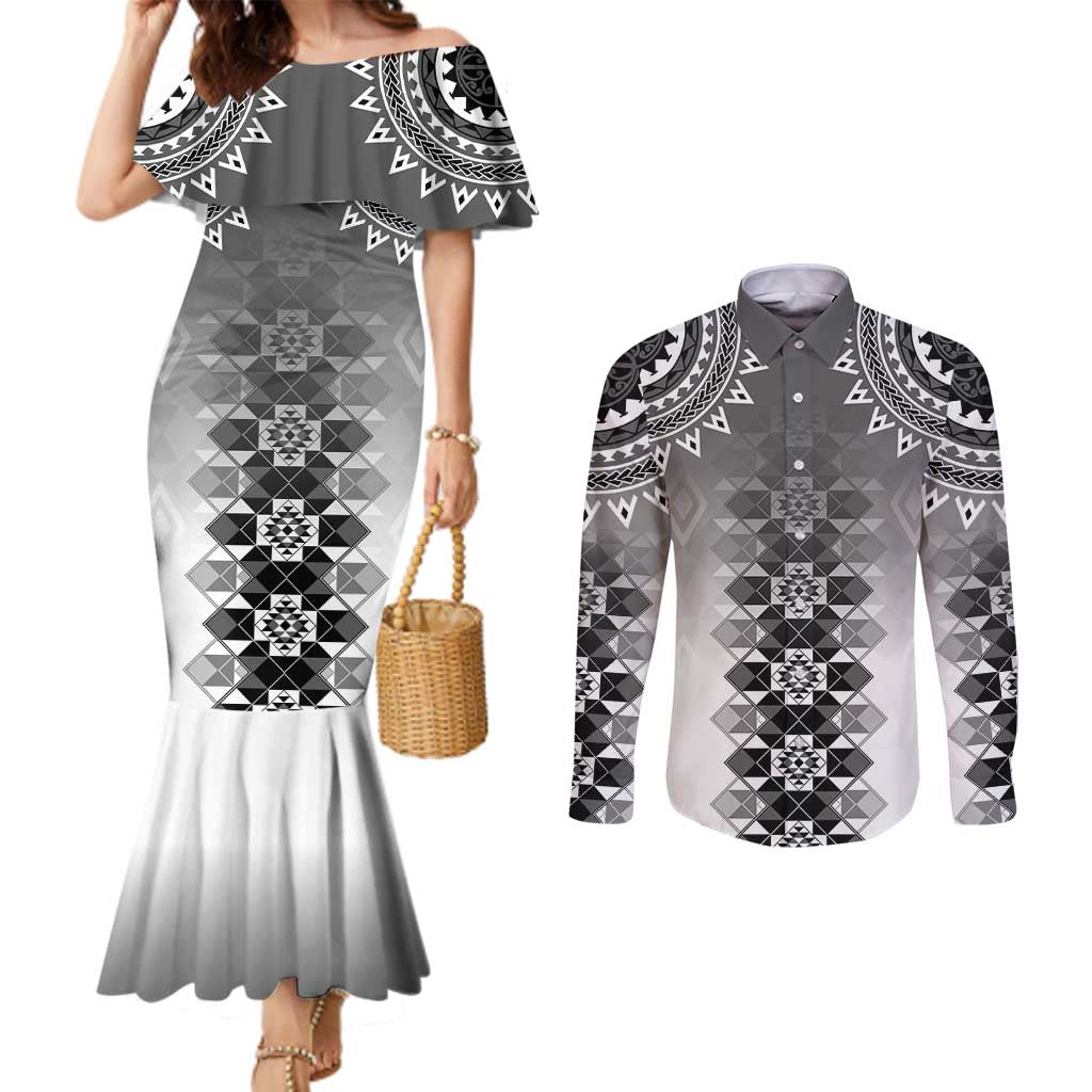New Zealand Couples Matching Mermaid Dress and Long Sleeve Button Shirt Poutama Mix Gray Taniko Inspired Art LT05 Gray - Polynesian Pride