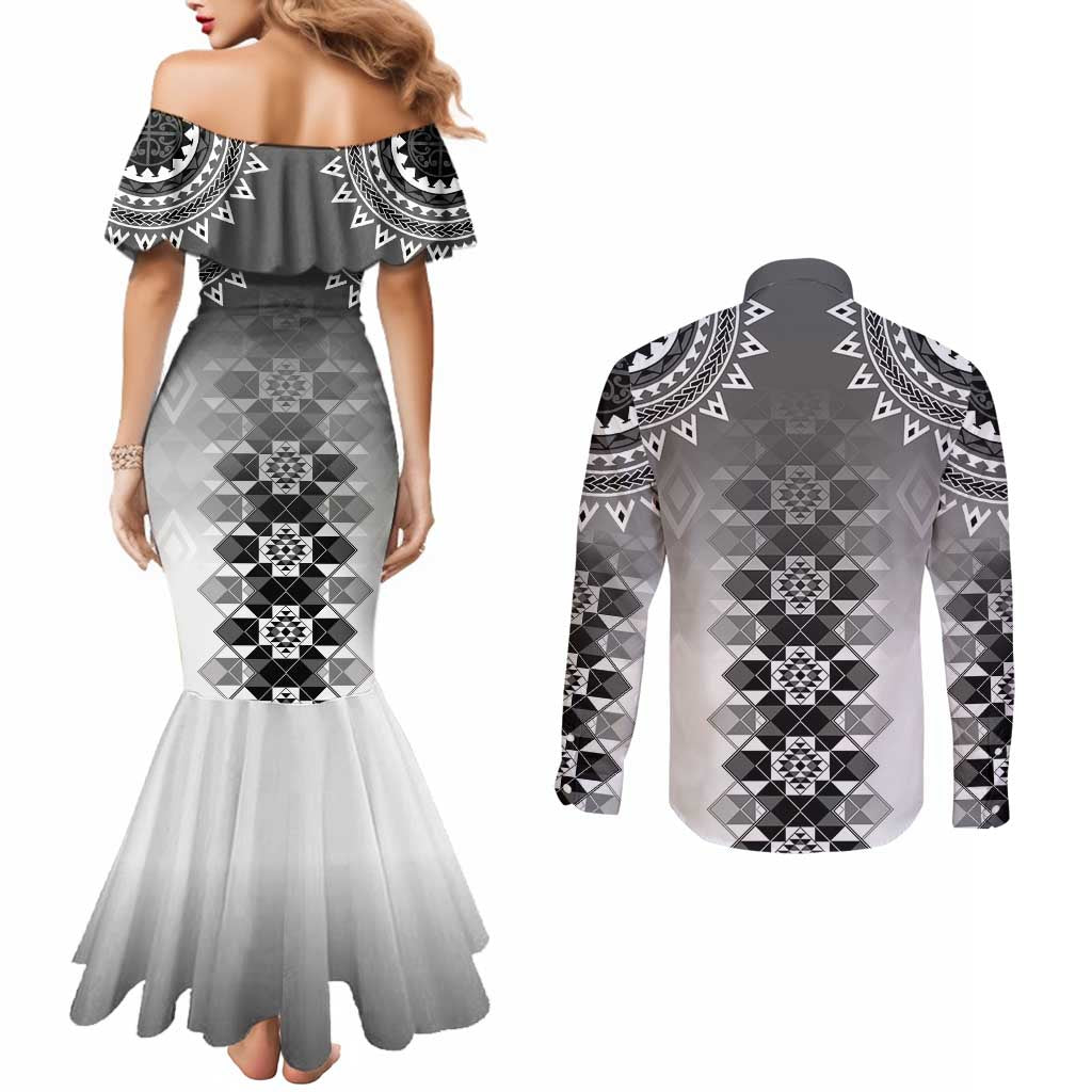 New Zealand Couples Matching Mermaid Dress and Long Sleeve Button Shirt Poutama Mix Gray Taniko Inspired Art LT05 - Polynesian Pride