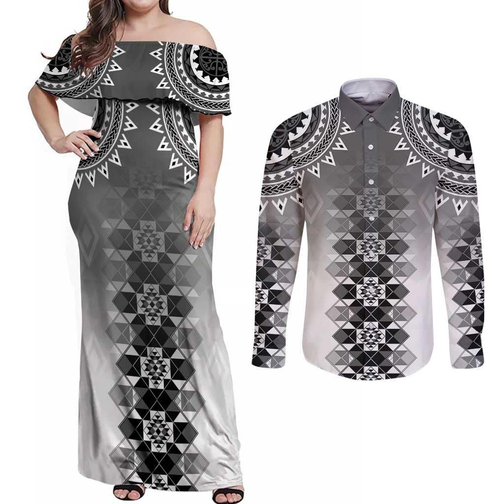 New Zealand Couples Matching Off Shoulder Maxi Dress and Long Sleeve Button Shirt Poutama Mix Gray Taniko Inspired Art LT05 Gray - Polynesian Pride