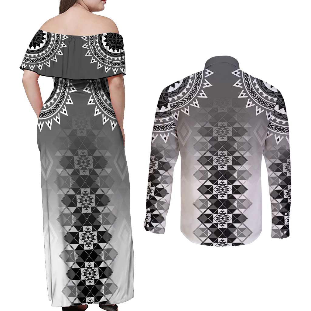 New Zealand Couples Matching Off Shoulder Maxi Dress and Long Sleeve Button Shirt Poutama Mix Gray Taniko Inspired Art LT05 - Polynesian Pride
