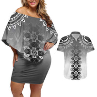New Zealand Couples Matching Off Shoulder Short Dress and Hawaiian Shirt Poutama Mix Gray Taniko Inspired Art LT05 Gray - Polynesian Pride