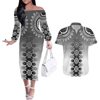 New Zealand Couples Matching Off The Shoulder Long Sleeve Dress and Hawaiian Shirt Poutama Mix Gray Taniko Inspired Art LT05 Gray - Polynesian Pride