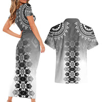 New Zealand Couples Matching Short Sleeve Bodycon Dress and Hawaiian Shirt Poutama Mix Gray Taniko Inspired Art LT05 - Polynesian Pride