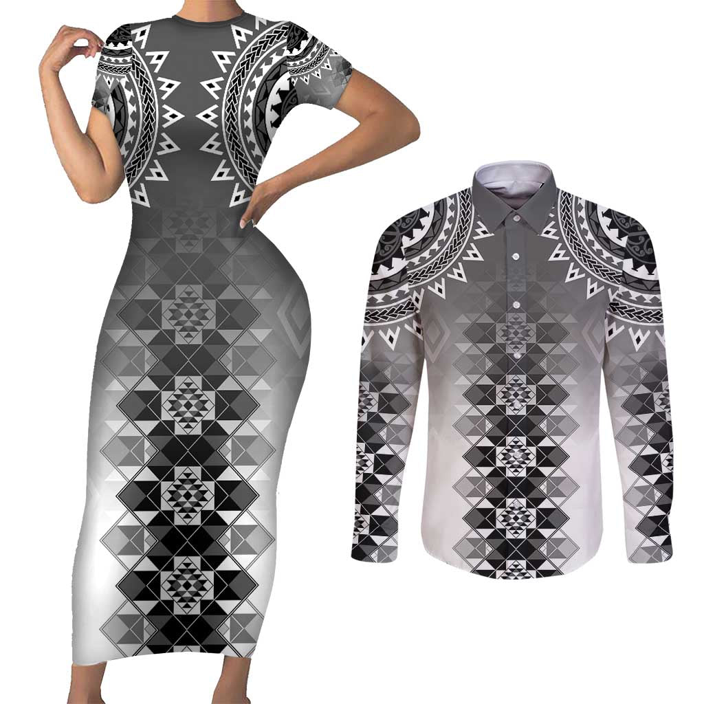 New Zealand Couples Matching Short Sleeve Bodycon Dress and Long Sleeve Button Shirt Poutama Mix Gray Taniko Inspired Art LT05 Gray - Polynesian Pride
