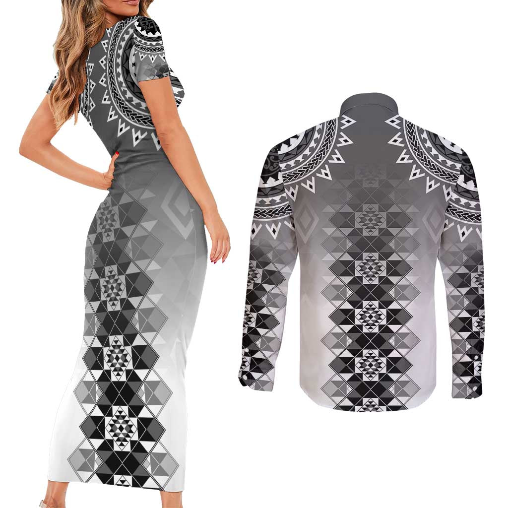 New Zealand Couples Matching Short Sleeve Bodycon Dress and Long Sleeve Button Shirt Poutama Mix Gray Taniko Inspired Art LT05 - Polynesian Pride