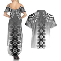 New Zealand Couples Matching Summer Maxi Dress and Hawaiian Shirt Poutama Mix Gray Taniko Inspired Art LT05 - Polynesian Pride