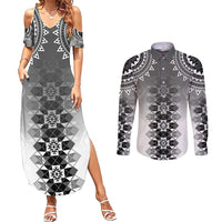 New Zealand Couples Matching Summer Maxi Dress and Long Sleeve Button Shirt Poutama Mix Gray Taniko Inspired Art LT05 Gray - Polynesian Pride