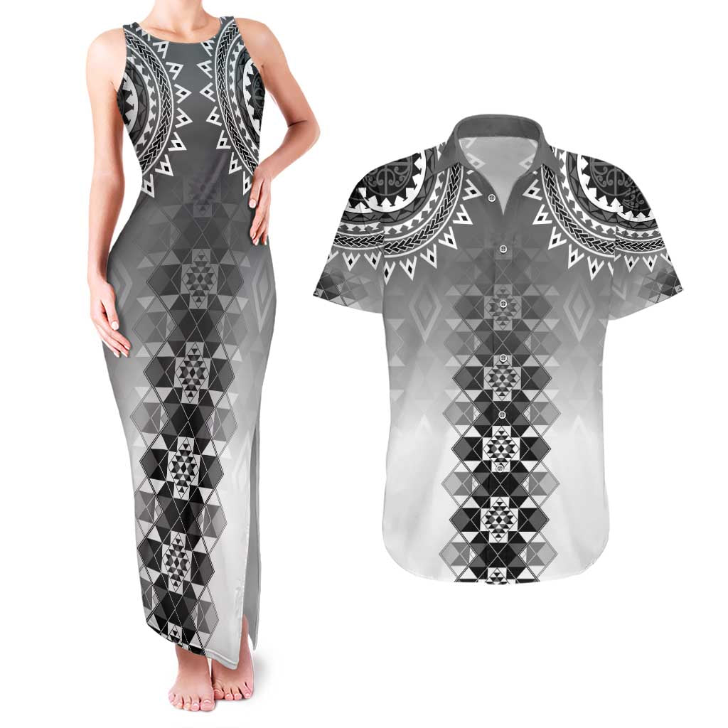New Zealand Couples Matching Tank Maxi Dress and Hawaiian Shirt Poutama Mix Gray Taniko Inspired Art LT05 Gray - Polynesian Pride
