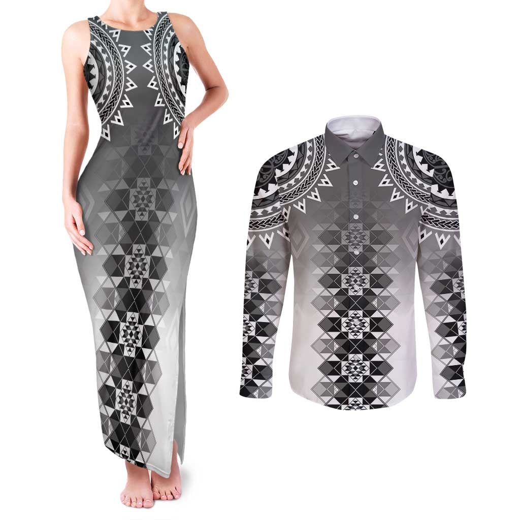 New Zealand Couples Matching Tank Maxi Dress and Long Sleeve Button Shirt Poutama Mix Gray Taniko Inspired Art LT05 Gray - Polynesian Pride