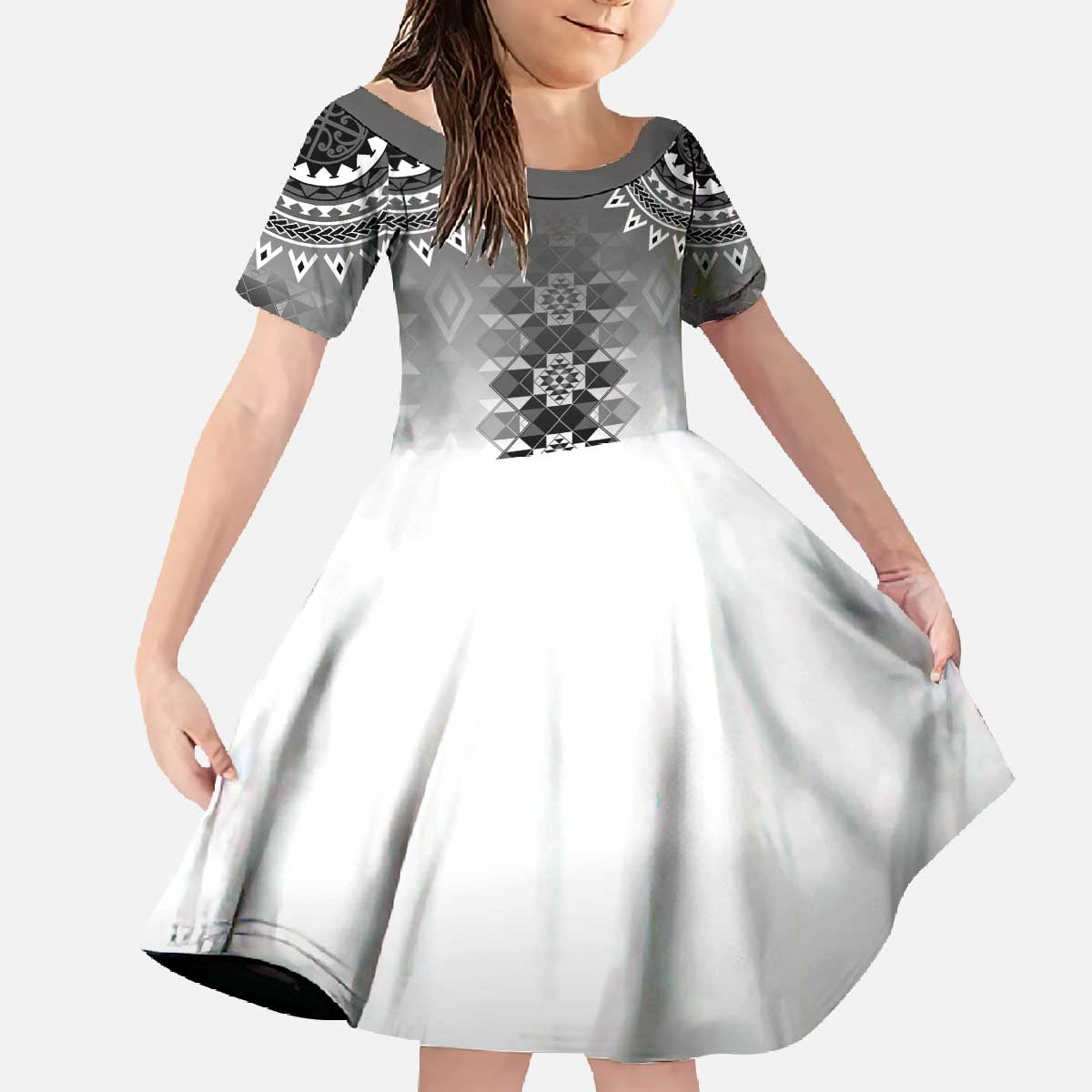 New Zealand Family Matching Off The Shoulder Long Sleeve Dress and Hawaiian Shirt Poutama Mix Gray Taniko Inspired Art LT05 Daughter's Dress Gray - Polynesian Pride