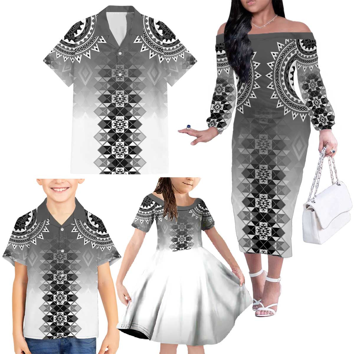New Zealand Family Matching Off The Shoulder Long Sleeve Dress and Hawaiian Shirt Poutama Mix Gray Taniko Inspired Art LT05 - Polynesian Pride