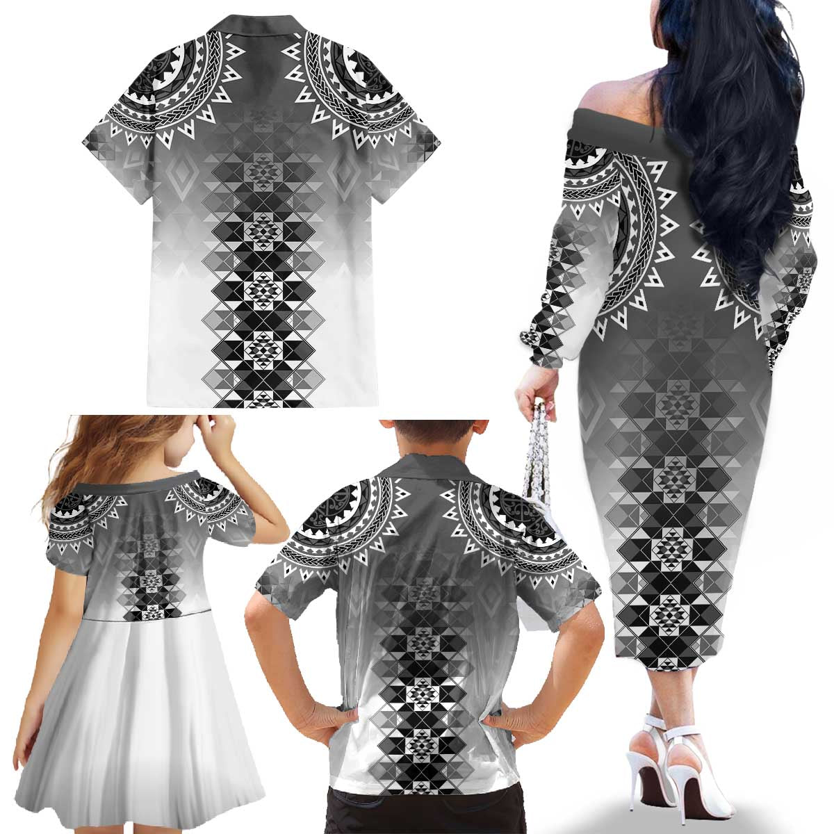 New Zealand Family Matching Off The Shoulder Long Sleeve Dress and Hawaiian Shirt Poutama Mix Gray Taniko Inspired Art LT05 - Polynesian Pride