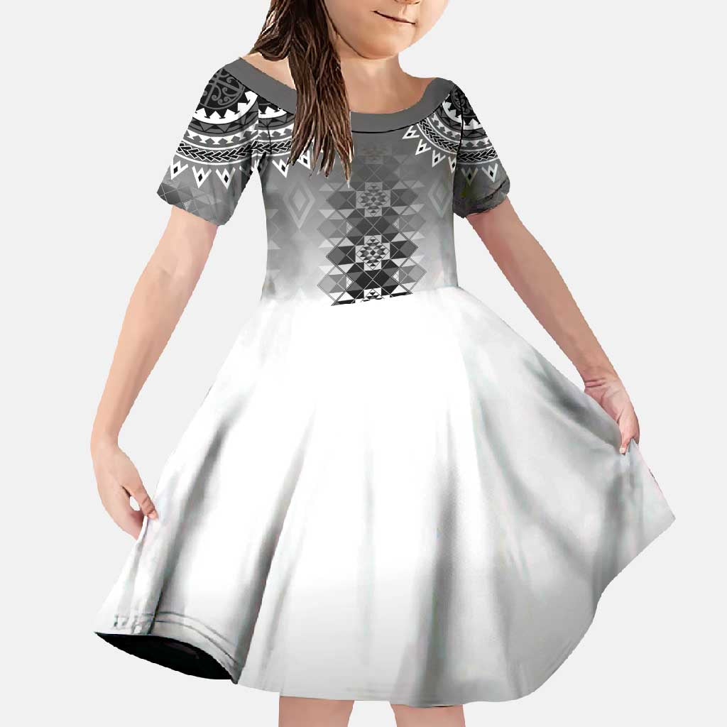 New Zealand Family Matching Off Shoulder Maxi Dress and Hawaiian Shirt Poutama Mix Gray Taniko Inspired Art LT05 Daughter's Dress Gray - Polynesian Pride