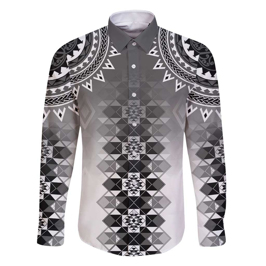 New Zealand Family Matching Off Shoulder Maxi Dress and Hawaiian Shirt Poutama Mix Gray Taniko Inspired Art LT05 Dad's Shirt - Long Sleeve Gray - Polynesian Pride