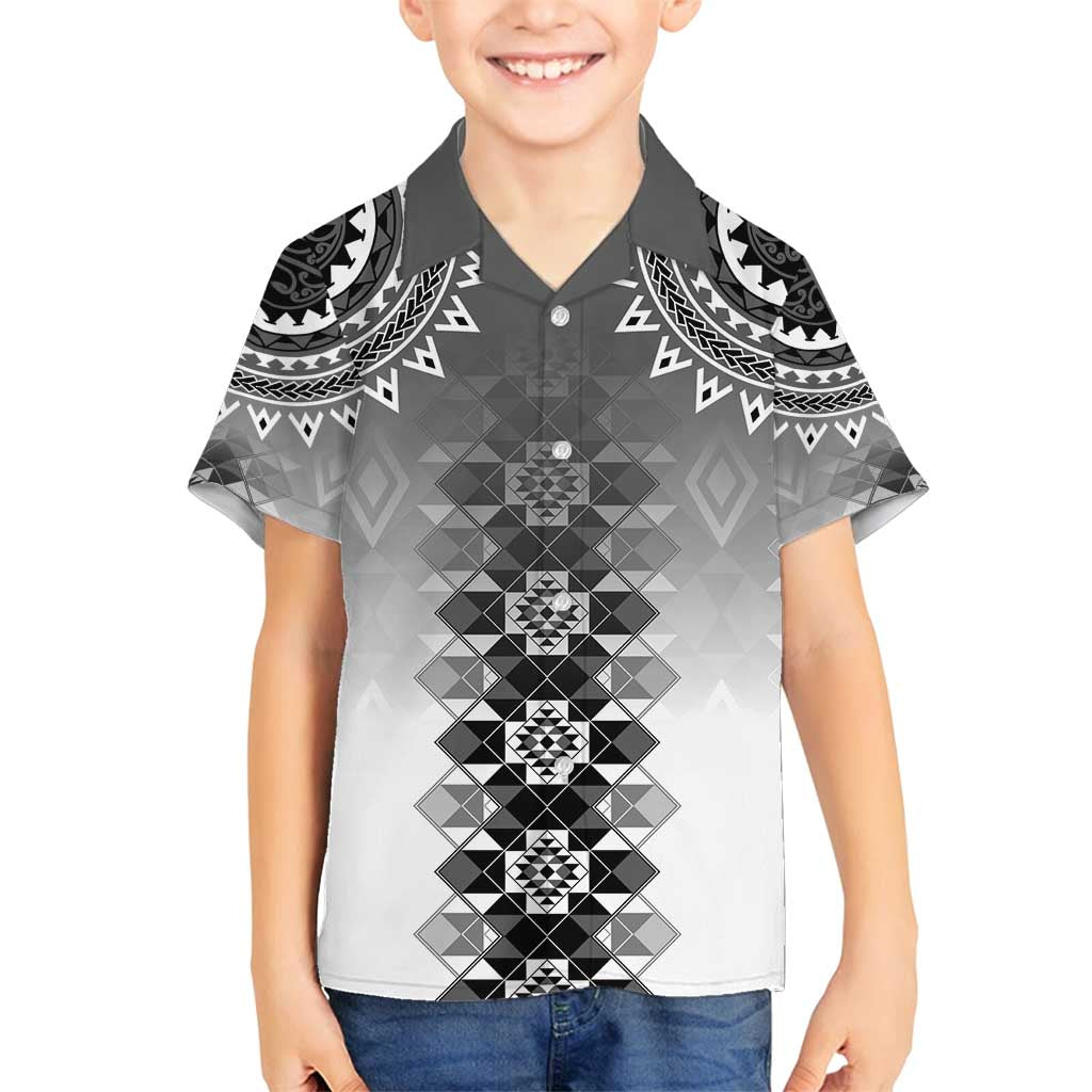 New Zealand Family Matching Off Shoulder Maxi Dress and Hawaiian Shirt Poutama Mix Gray Taniko Inspired Art LT05 Son's Shirt Gray - Polynesian Pride