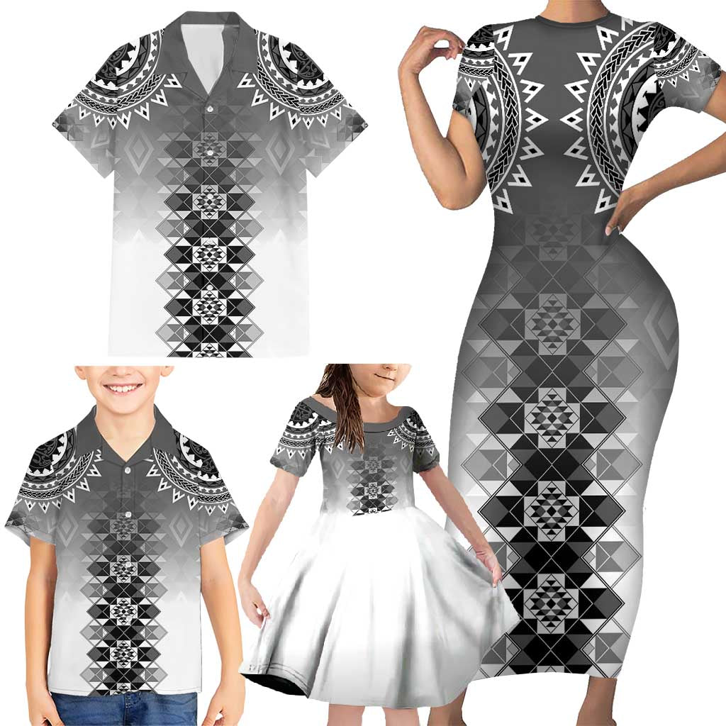 New Zealand Family Matching Short Sleeve Bodycon Dress and Hawaiian Shirt Poutama Mix Gray Taniko Inspired Art LT05 - Polynesian Pride