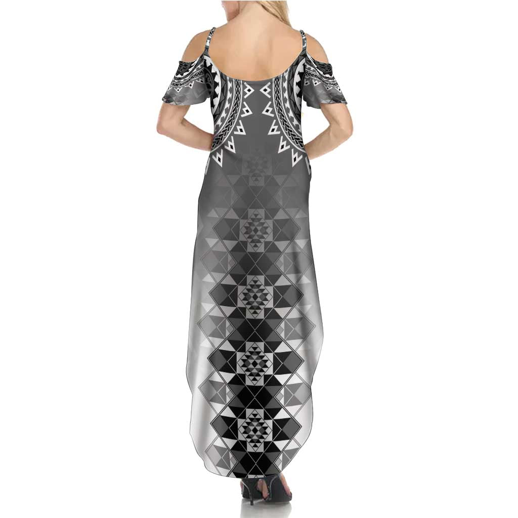 New Zealand Family Matching Summer Maxi Dress and Hawaiian Shirt Poutama Mix Gray Taniko Inspired Art LT05 - Polynesian Pride