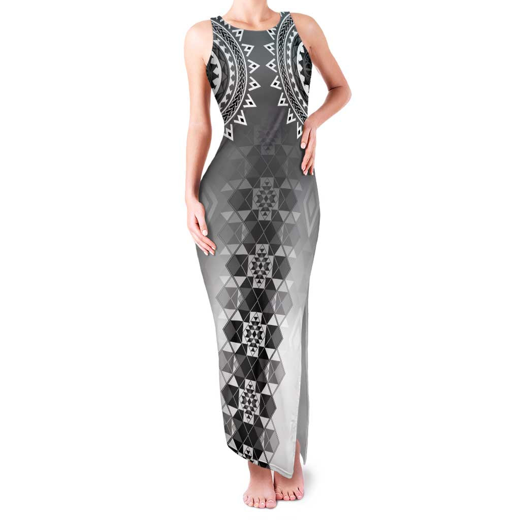New Zealand Family Matching Tank Maxi Dress and Hawaiian Shirt Poutama Mix Gray Taniko Inspired Art LT05 Mom's Dress Gray - Polynesian Pride