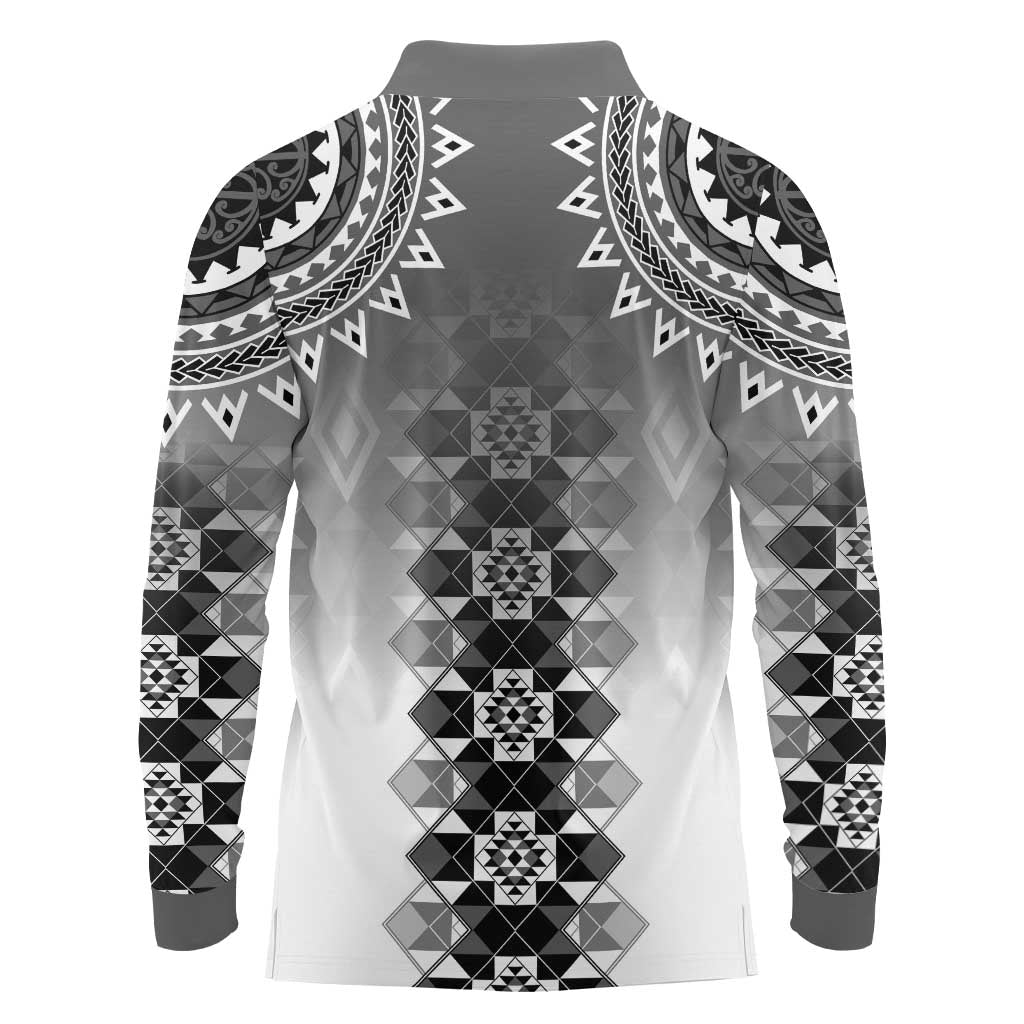 New Zealand Long Sleeve Polo Shirt Poutama Mix Gray Taniko Inspired Art LT05
