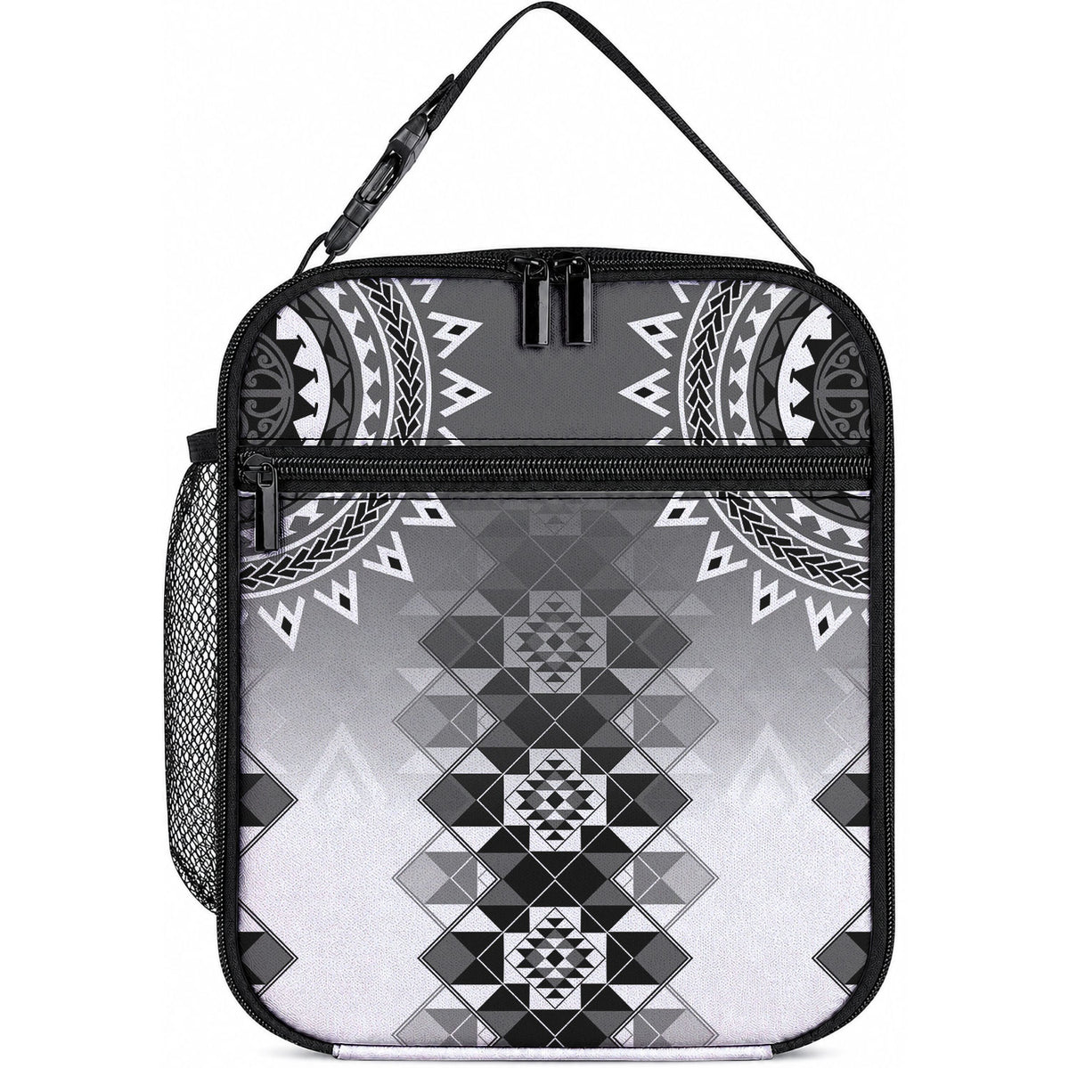 New Zealand Lunch Bag Poutama Mix Gray Taniko Inspired Art LT05 10.2 × 8.3 × 4.3 inch Gray - Polynesian Pride