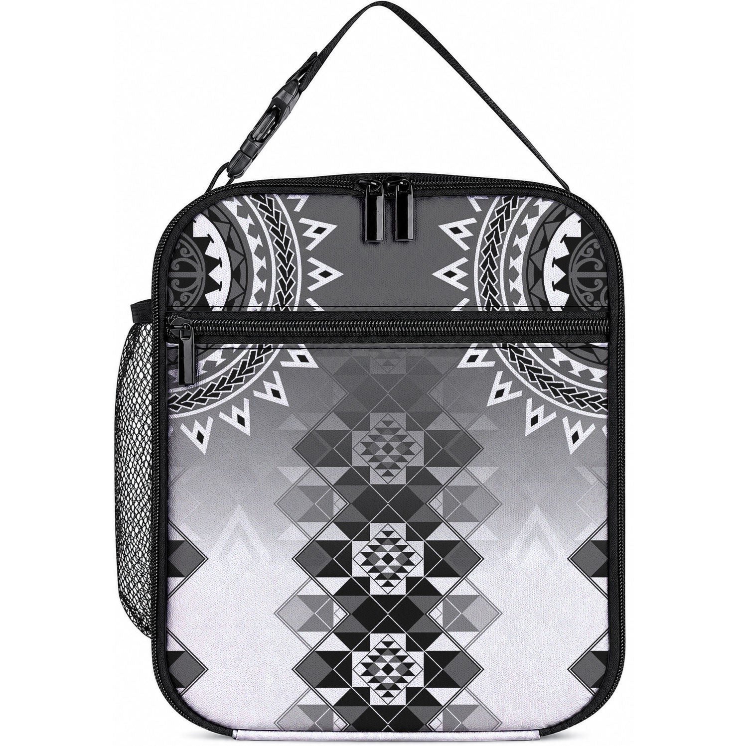 New Zealand Lunch Bag Poutama Mix Gray Taniko Inspired Art LT05 10.2 × 8.3 × 4.3 inch Gray - Polynesian Pride