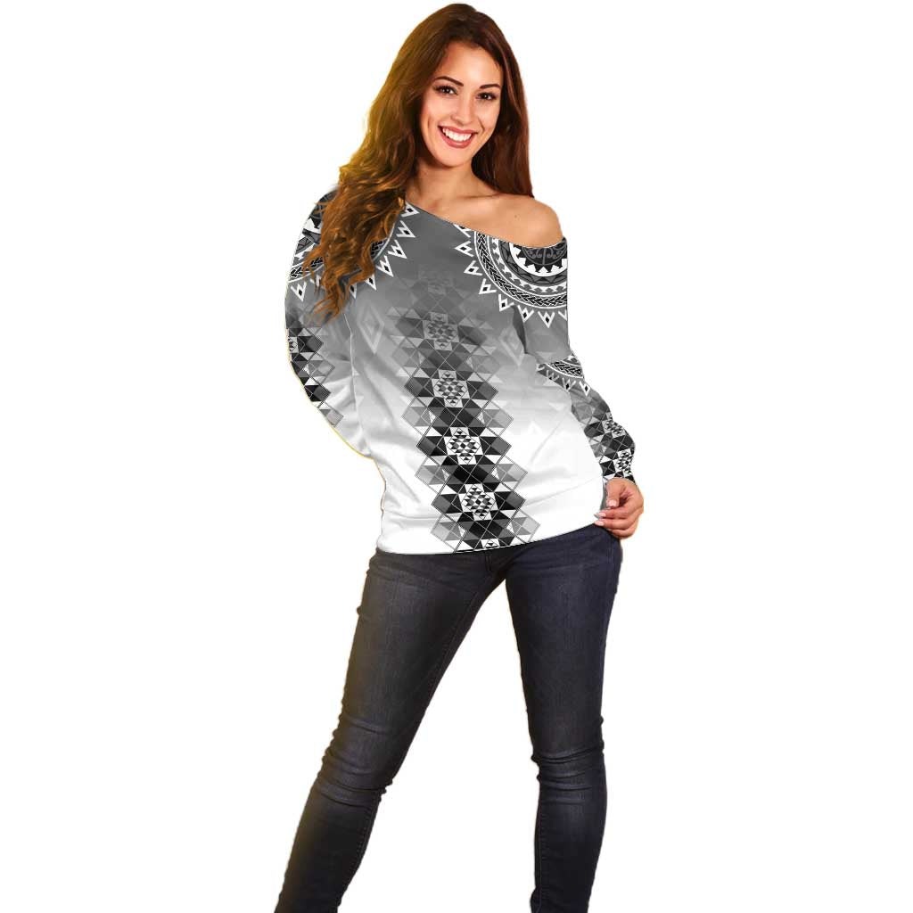 New Zealand Off Shoulder Sweater Poutama Mix Gray Taniko Inspired Art LT05
