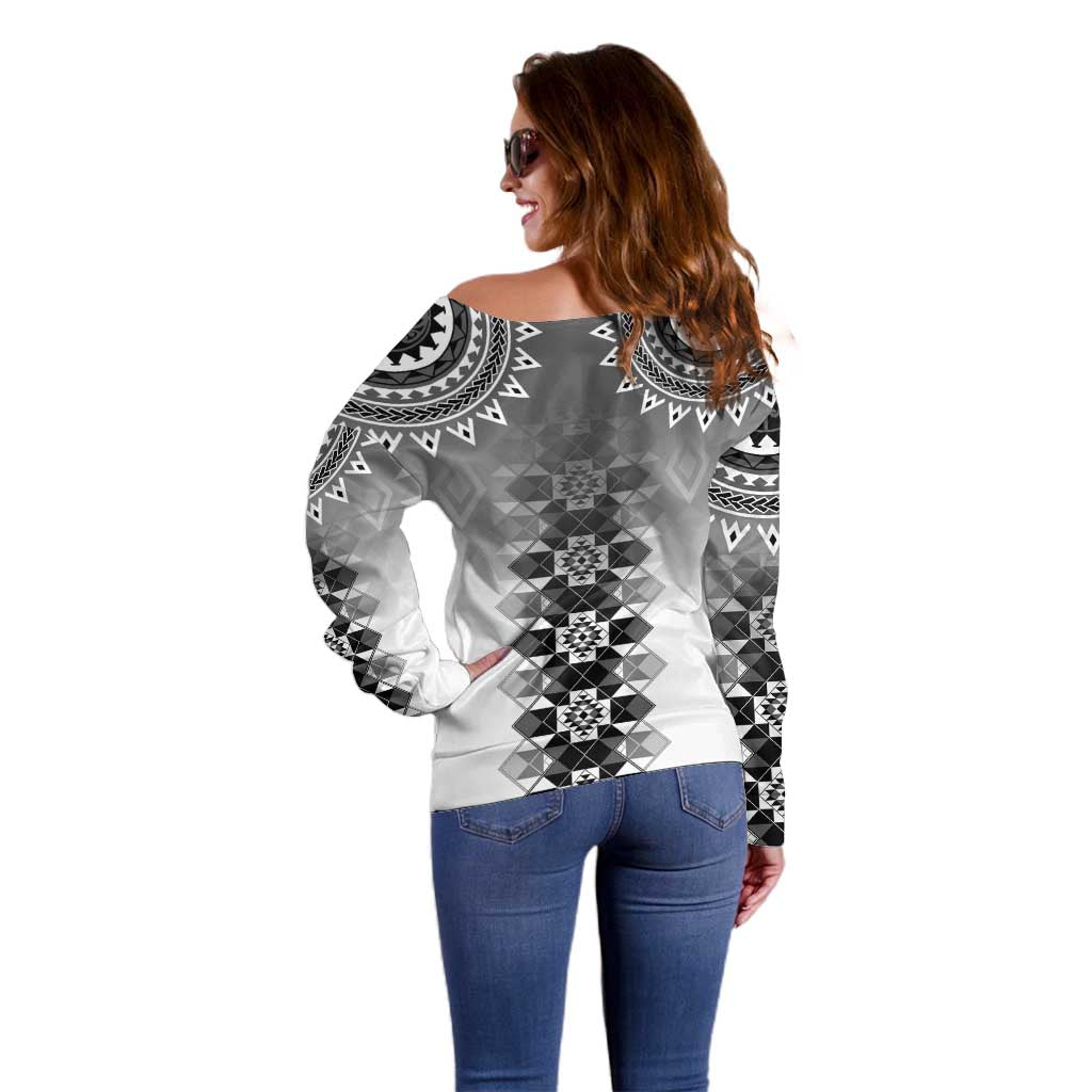 New Zealand Off Shoulder Sweater Poutama Mix Gray Taniko Inspired Art LT05