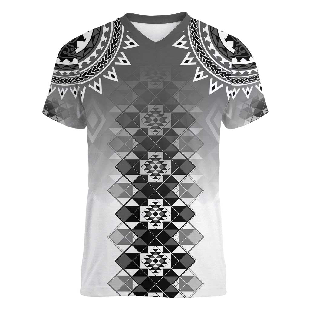 New Zealand Women V-Neck T-Shirt Poutama Mix Gray Taniko Inspired Art LT05