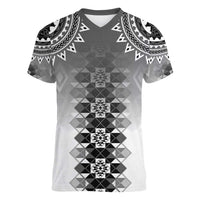 New Zealand Women V-Neck T-Shirt Poutama Mix Gray Taniko Inspired Art LT05