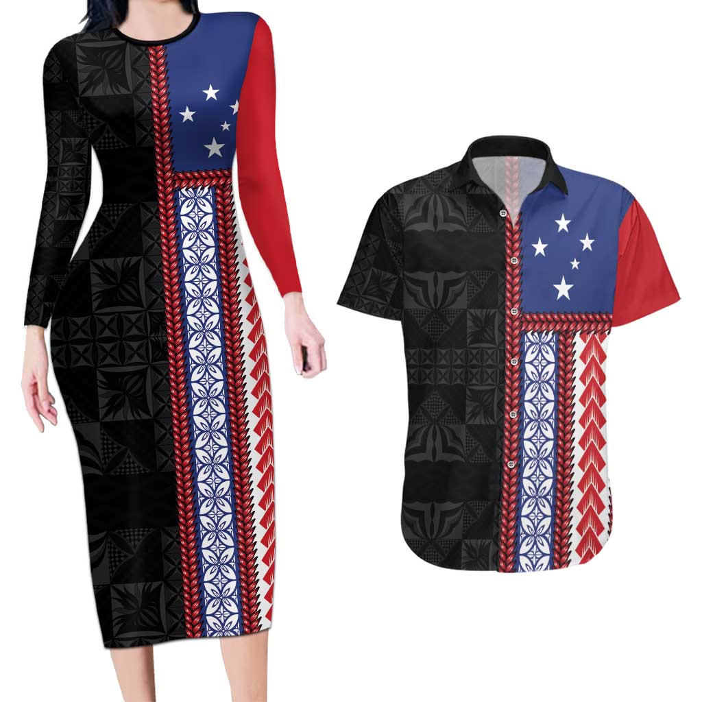 Samoa Flag Couples Matching Long Sleeve Bodycon Dress and Hawaiian Shirt Ula Fala With Samoan Siapo - Polynesian Pride