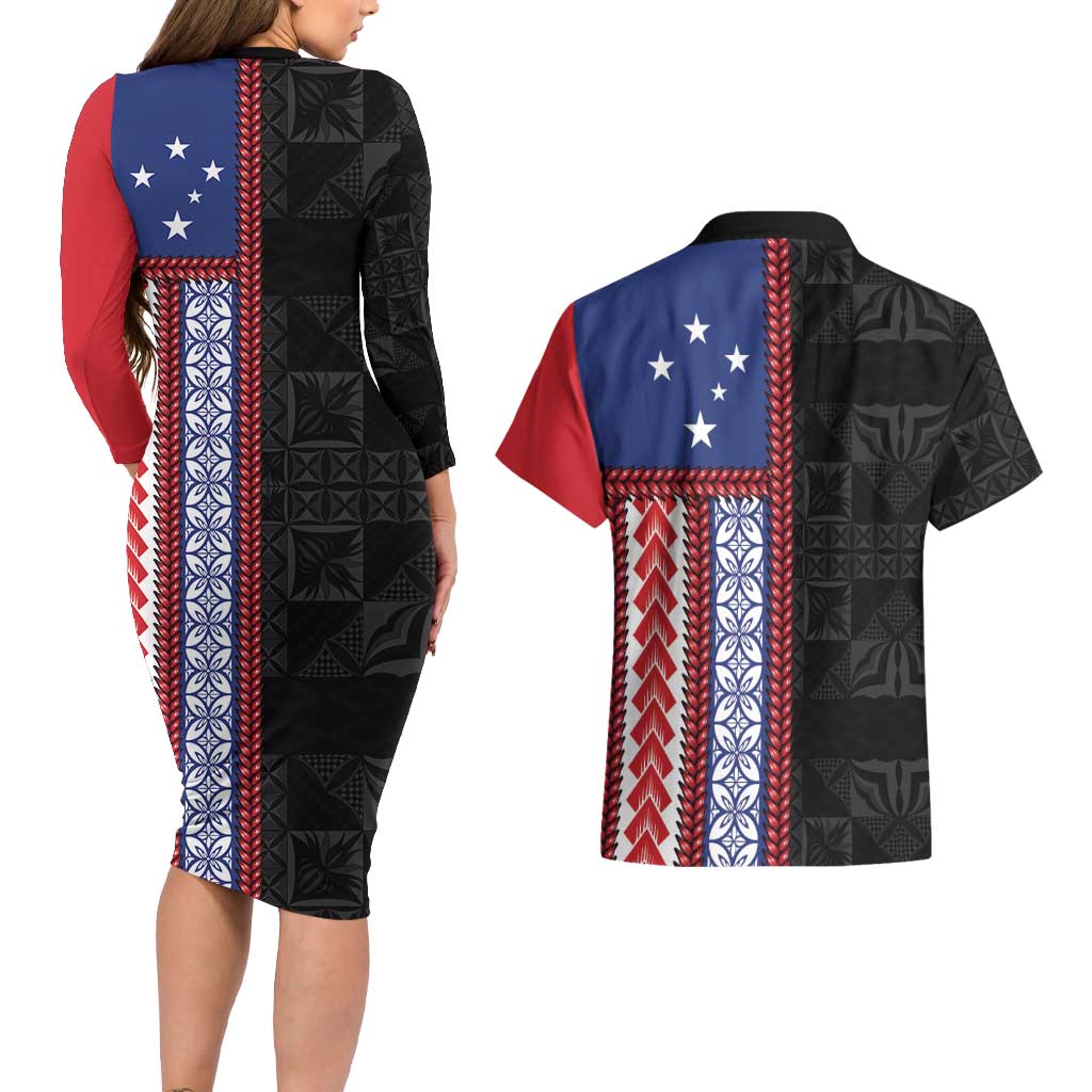 Samoa Flag Couples Matching Long Sleeve Bodycon Dress and Hawaiian Shirt Ula Fala With Samoan Siapo - Polynesian Pride