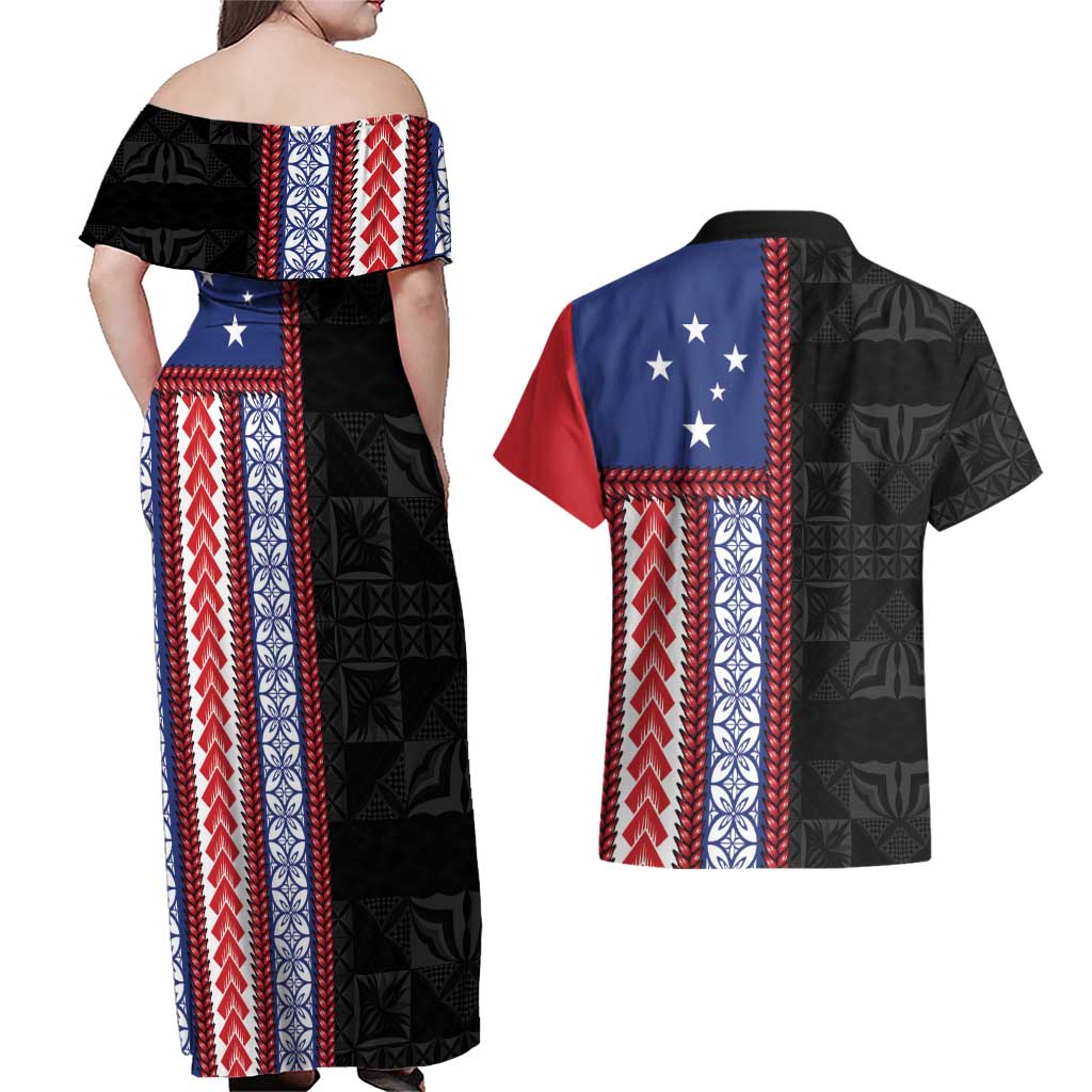 Samoa Flag Couples Matching Off Shoulder Maxi Dress and Hawaiian Shirt Ula Fala With Samoan Siapo - Polynesian Pride