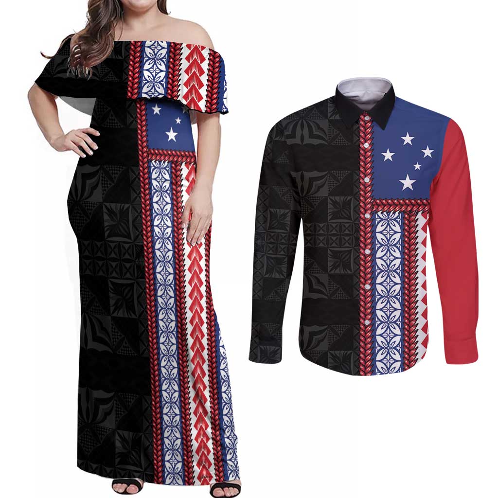 Samoa Flag Couples Matching Off Shoulder Maxi Dress and Long Sleeve Button Shirt Ula Fala With Samoan Siapo - Polynesian Pride