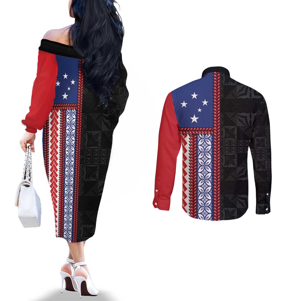 Samoa Flag Couples Matching Off The Shoulder Long Sleeve Dress and Long Sleeve Button Shirt Ula Fala With Samoan Siapo - Polynesian Pride