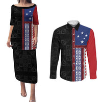 Samoa Flag Couples Matching Puletasi and Long Sleeve Button Shirt Ula Fala With Samoan Siapo - Polynesian Pride