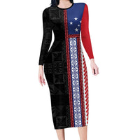 Samoa Flag Family Matching Long Sleeve Bodycon Dress and Hawaiian Shirt Ula Fala With Samoan Siapo LT05 Mom's Dress Black - Polynesian Pride