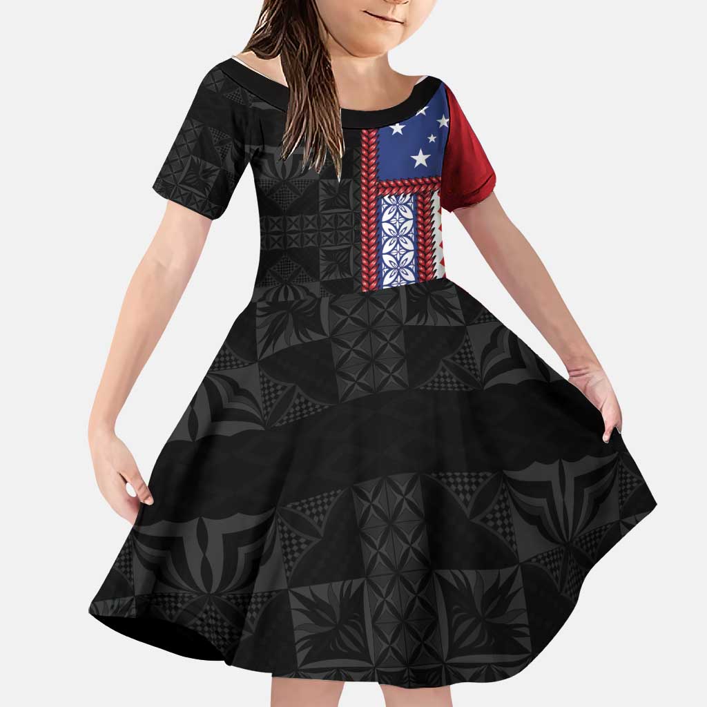 Samoa Flag Family Matching Off The Shoulder Long Sleeve Dress and Hawaiian Shirt Ula Fala With Samoan Siapo LT05 Daughter's Dress Black - Polynesian Pride