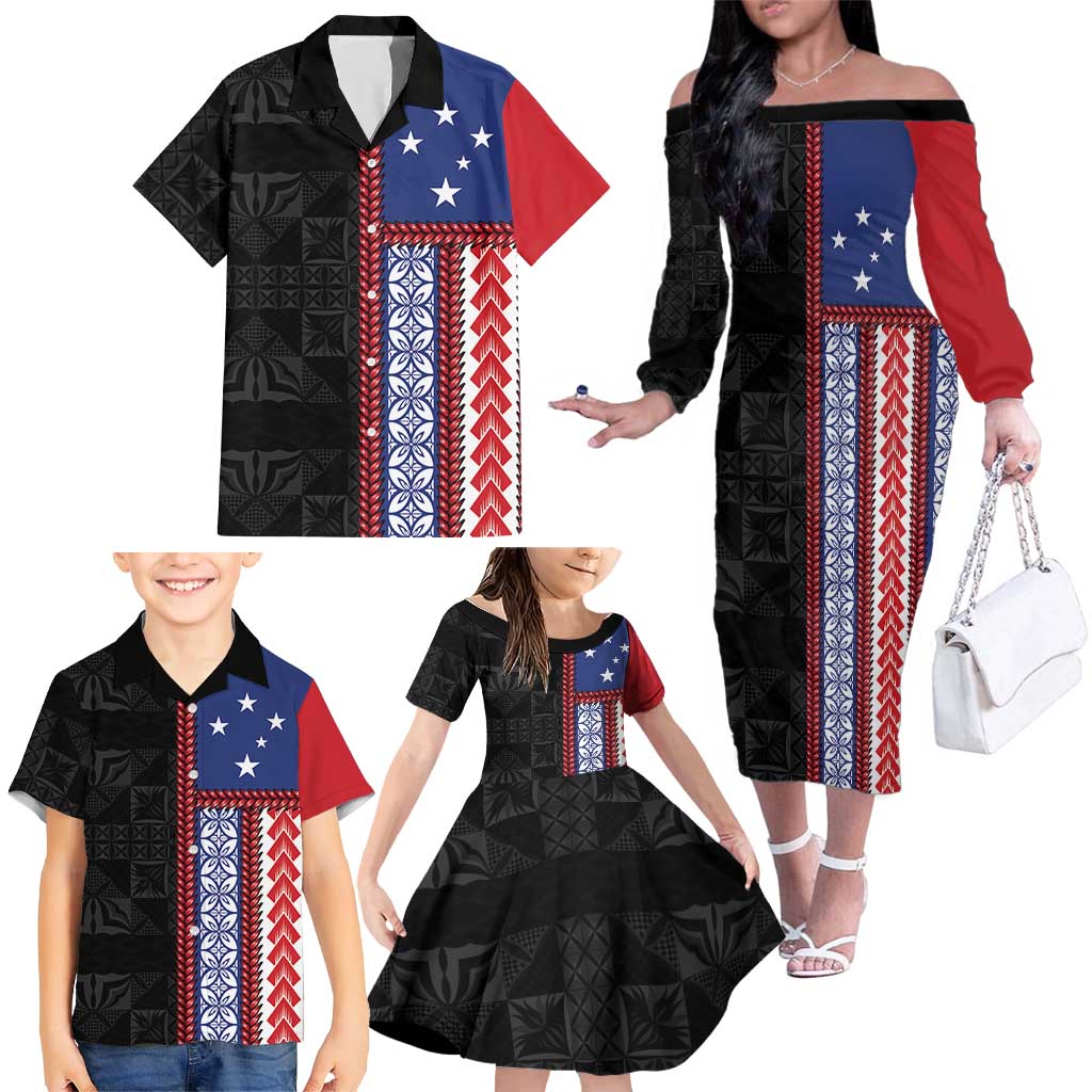 Samoa Flag Family Matching Off The Shoulder Long Sleeve Dress and Hawaiian Shirt Ula Fala With Samoan Siapo - Polynesian Pride