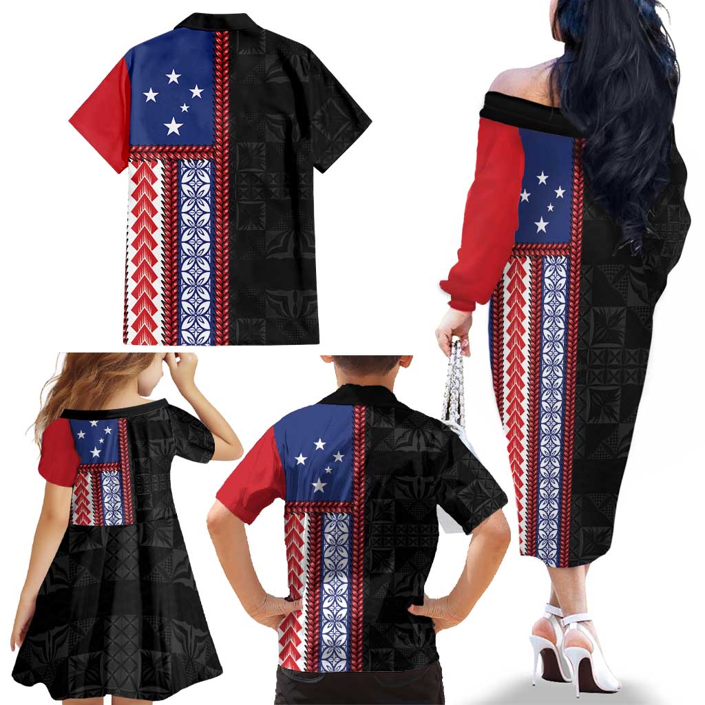 Samoa Flag Family Matching Off The Shoulder Long Sleeve Dress and Hawaiian Shirt Ula Fala With Samoan Siapo LT05 - Polynesian Pride