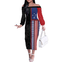 Samoa Flag Family Matching Off The Shoulder Long Sleeve Dress and Hawaiian Shirt Ula Fala With Samoan Siapo LT05 Mom's Dress Black - Polynesian Pride