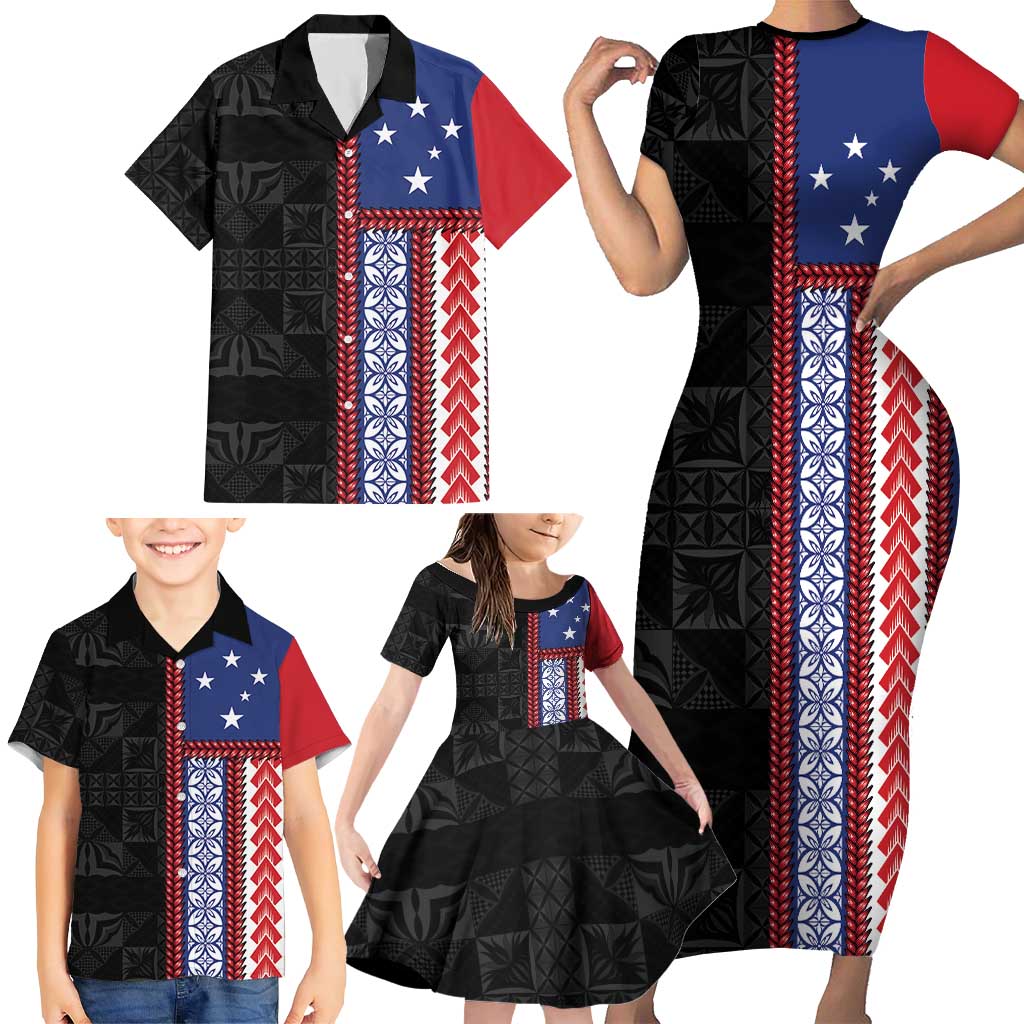 Samoa Flag Family Matching Short Sleeve Bodycon Dress and Hawaiian Shirt Ula Fala With Samoan Siapo LT05 - Polynesian Pride